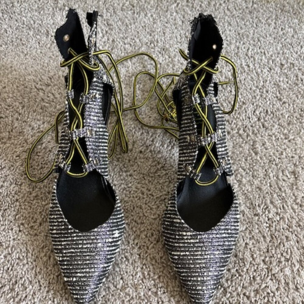 Paper Fox Size 9 Women's Black and Gold Lace-Up Heels